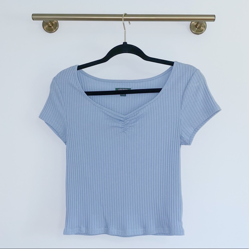 Sky Blue Ribbed Sweetheart Neckline Ruched Front Crop Top